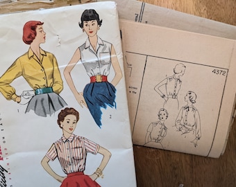 Lot of 2 1950s Blouses Button-Front Shirts size 14 bust 32 vintage Simplicity 4371 and 4256 uncut vintage sewing patterns 50s
