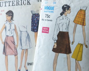 Lot of 2 1960s Vintage Skirt size 27 + 28 Vogue 7536 + Butterick 4433 complete sewing patterns for Matchbox and Wrap Skirts