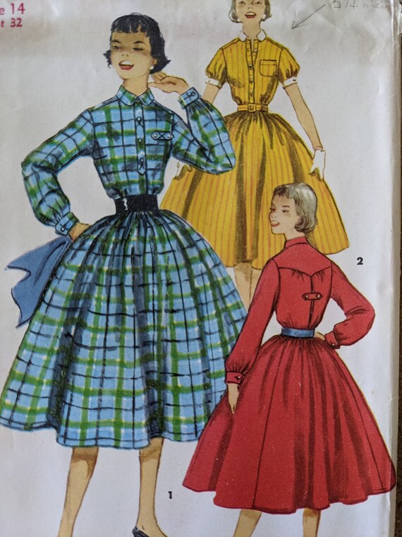 1950s ROCKABILLY Shirtwaist Dress Pattern SIMPLICITY 1282 Two Versions Bust  34 Vintage Sewing Pattern