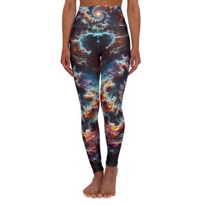 Cosmic Fractal Yoga Leggings, High Waist Workout Pants, Galaxy Print Athletic Tights, Space Theme Stretchy Leggings, Astronomy Activewear