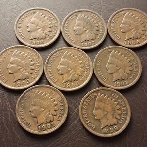 May include: Eight Indian Head pennies, featuring a Native American profile in a feathered headdress. The bronze coins, dating from 1899 to 1908, are displayed on a dark brown surface. The coins are a historical collectible.