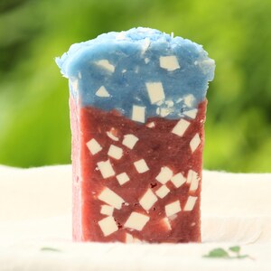 May include: A rectangular bar of handmade soap with a patriotic theme. The top is blue, the middle is red, and the soap is embedded with white square shapes. The soap is sitting on a white surface with a green background.