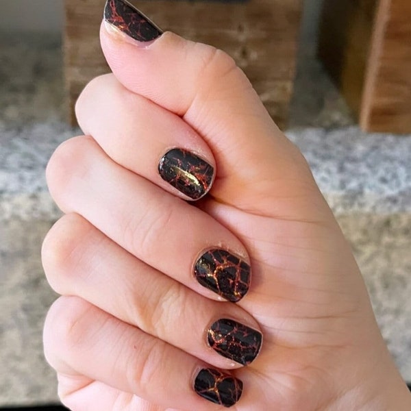 Obsidian Ember Nail Wraps | Mystical Black with Fiery Orange | At home Nails | Nail Art | Nail Decals | Nail Strips | Nail Polish Wraps