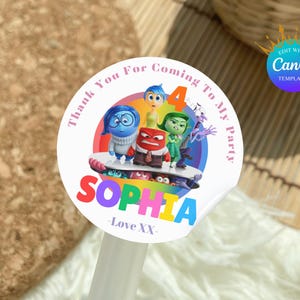 Editable Inside Out Birthday Sticker, Cartoon Thank You Sticker, Custom Sticker, Personalized Birthday Sticker, Inside Out Cartoon Tags