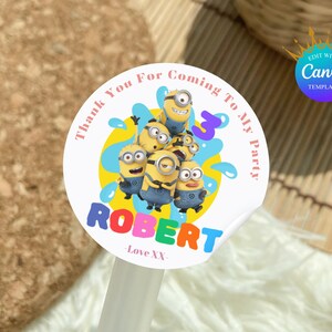 Cartoon Editable Birthday Sticker, Minion Editable Tags, Cartoon Thank You Party Stickers, Custom Minion Sticker, Printable Birthday Sticker
