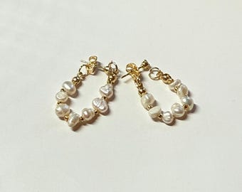 Gold Pearl Hoop Charm Earrings