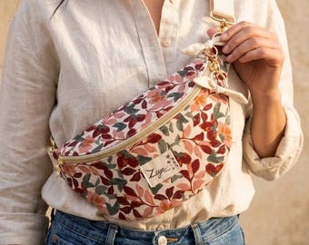 Sac banane femme Eté, Sac bandoulière, Cadeau femme | Gabardine fleurie rose vert et orange | Fanny pack, bum bag, Gürteltasche, Heuptas