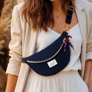 Timeless women's fanny pack | Navy blue gabardine, leopard print lining | Fanny pack, bum bag, belt bag, belt bag | Gift for women
