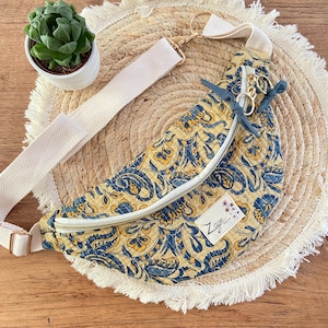 Sac Banane Femme  -   Matelassé motifs Indy bleu sur fond jaune / coton bleu pétrole - Fanny Pack, Bum bag, Gürteltasche, belt bag