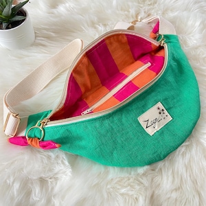 Sac Banane Femme  - Lin vert/rayures fushia orange -Flower Fanny Pack, Bum bag, Gürteltasche, belt bag, Marsupio