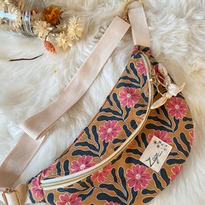 Sac Banane Femme Fleurie  -  Toile de coton fleurie fond moutarde /beige  -Flower Fanny Pack, Bum bag, Gürteltasche, belt bag, Marsupio