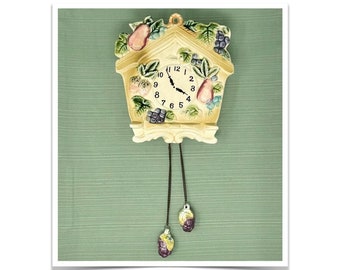 Vintage Ceramic Wall Pocket Planter Faux Cuckoo Clock with Fruit Motif 14”L