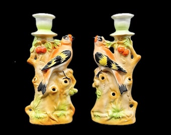 Vintage Pair Porcelain Bird In Cherry Tree Candleholders Combination Flower Frog Vase Germany