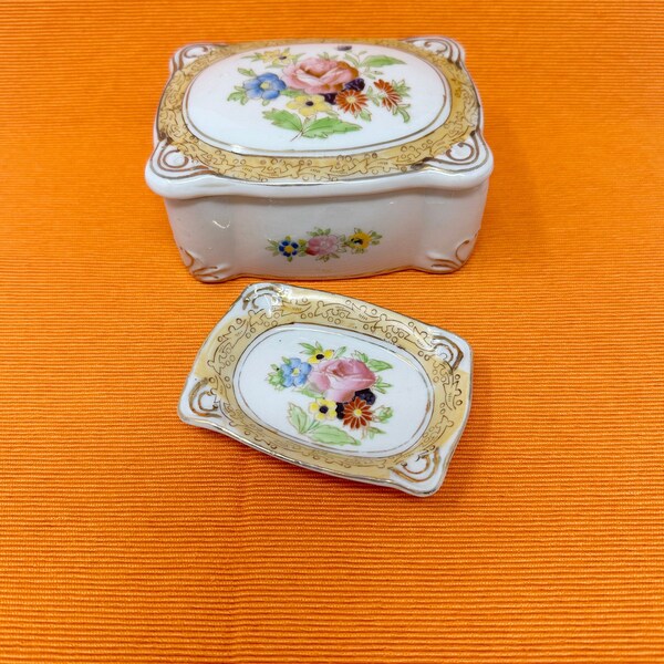 Vintage Porcelain Trinket Box & Ring Dish Set Hand-painted Floral and Gold Made in Occupied Japan