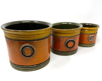 Set of 3 Mid Century Bitossi Red-ware Ceramic Cachepots Planter Flower Pots Glazed Orange, Brown and Green