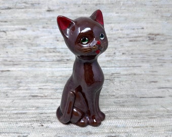 Vintage Brown Ceramic Redware Sitting CAT Kitten Figurine With Luster Gloss Japan 5.5”H