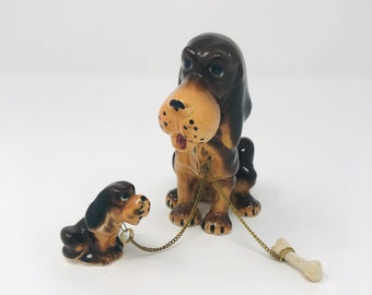 Vintage Ceramic Basset Hound, Puppy and Bone Figurines on Chain