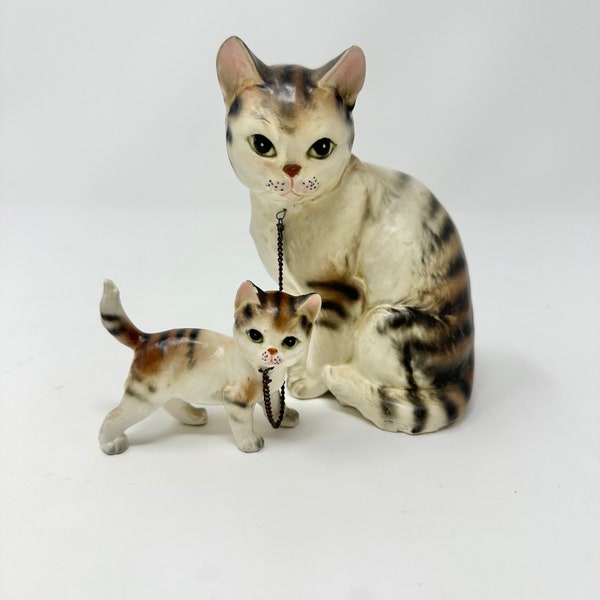 Vintage Porcelain Mama Kitty Cat And Kitten Figurine on Chain Norcrest