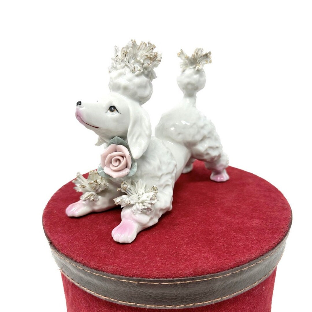 Vintage White Porcelain Spaghetti Poodle Figurine With Pink Etsy
