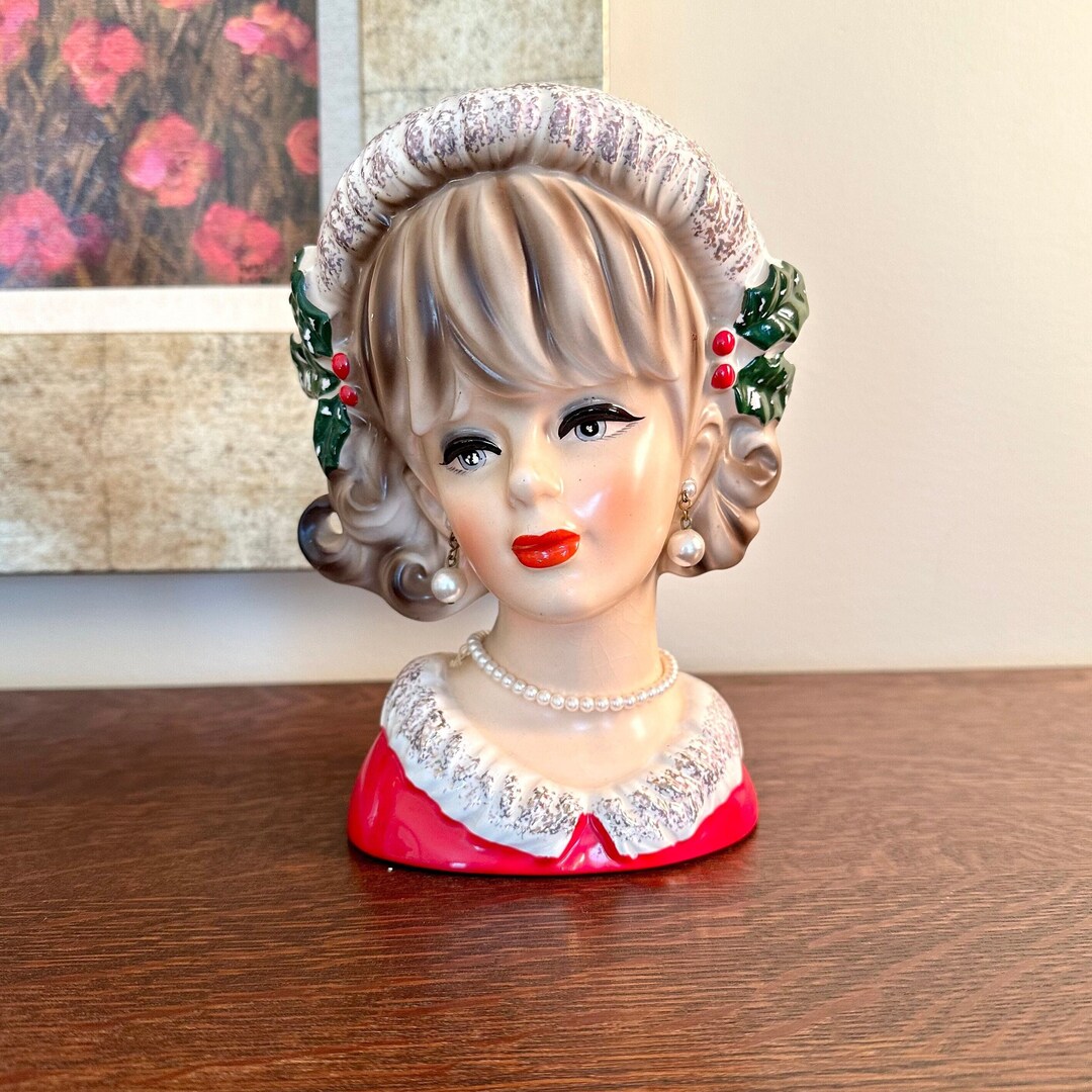 Vintage Napcoware X7639 Christmas Lady Head Vase Planter Holly Etsy