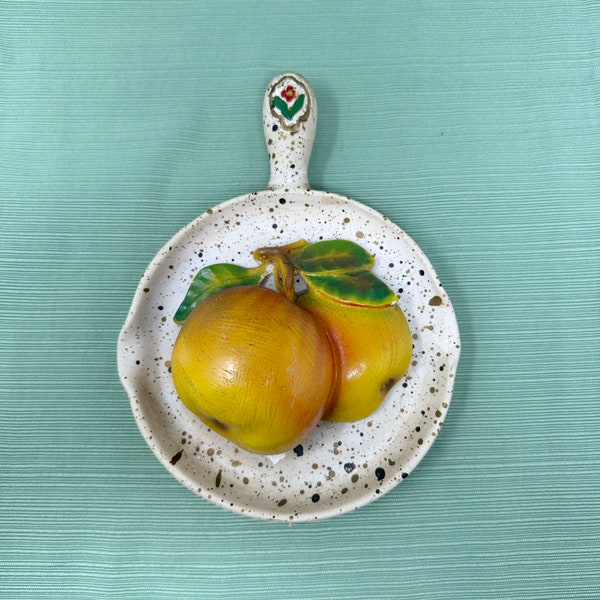 Vintage 50s Fruit Wall Decor: Peaches on Skillet Chalk-ware Wall Plaque 8”L