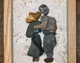 Couple Hug Pebble Art, Handmade Sea Stone Wall Decor, Romantic Anniversary Gift