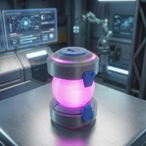 May include: A futuristic cylindrical device with a glowing pink orb centre. The device has a grey metallic casing with blue accents and a blue top. The scene is set in a high-tech laboratory environment with computer screens and robotic arms in the background.