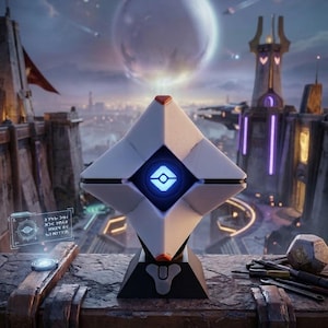 Op de afbeelding: Een futuristisch, geometrisch wit en zwart object met een gloeiend blauw centrum, tegen een stadsgezicht met een grote planeet op de achtergrond. Het object staat op een stenen oppervlak met gereedschap en een klein display.