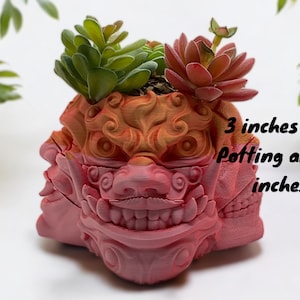 May include: A 3-inch tall pink and orange ceramic planter shaped like a mythical creature with a wide mouth and sharp teeth. The planter has a 3-inch potting area and is decorated with intricate details. The planter is filled with green succulents.