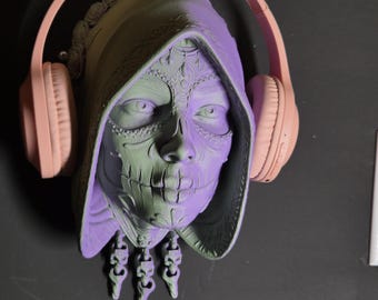 Lady Catrina Headphone Holder, Skull Wall Mount, Gaming Room Decor