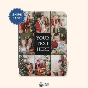 May include: A personalized phone case featuring a collage of family photos. The case has a black central panel with the text "YOUR TEXT HERE". The Amore Cases logo is at the bottom. A blue badge with "SHIPS FAST!" is in the upper left corner.
