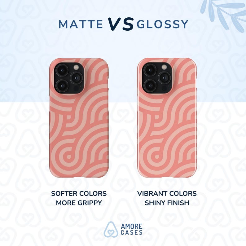 Puede incluir: Dos fundas para tel&eacute;fono con un patr&oacute;n geom&eacute;trico rosa y blanco. La funda de la izquierda es mate y tiene colores m&aacute;s suaves. La funda de la derecha es brillante y tiene colores vibrantes. El texto "MATTE VS GLOSSY" est&aacute; en la parte superior de la imagen. El texto "SOFTER COLORS MORE GRIPPY" est&aacute; debajo de la funda de la izquierda. El texto "VIBRANT COLORS SHINY FINISH" est&aacute; debajo de la funda de la derecha. El texto "AMORE CASES" est&aacute; en la parte inferior de la imagen.