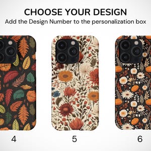 May include: Three iPhone cases with different floral patterns. The first case has a dark background with orange, red, and green leaves. The second case has a light background with red, orange, and yellow flowers. The third case has a dark background with orange and white flowers. The cases are numbered 4, 5, and 6.