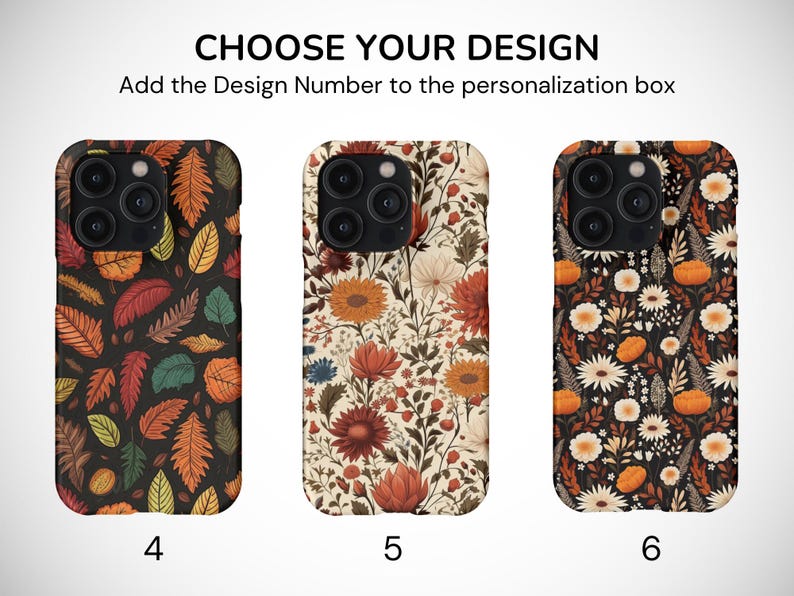 May include: Three iPhone cases with different floral patterns. The first case has a dark background with orange, red, and green leaves. The second case has a light background with red, orange, and yellow flowers. The third case has a dark background with orange and white flowers. The cases are numbered 4, 5, and 6.