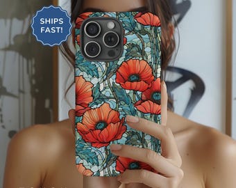 May include: A phone case featuring a floral design with red poppies and green leaves on a teal background. The case has a tough exterior and the text "TOUGH" is visible at the bottom.