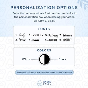 May include: A graphic showing personalization options for phone cases. The options include eight different fonts, two colors, white and black, and a note that personalization appears on the lower half of the case.