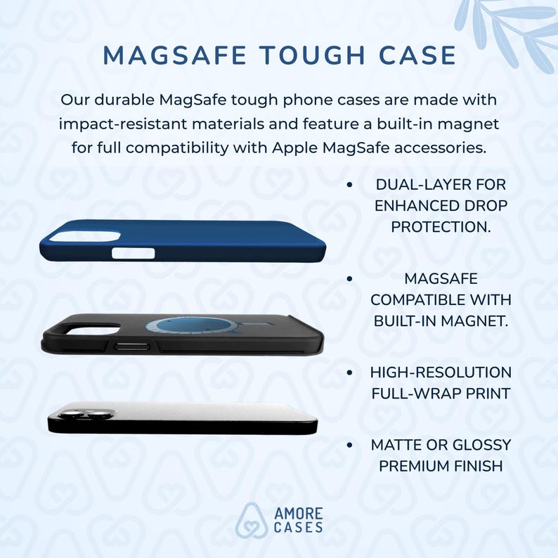 May include: Three phone cases with a built-in magnet for MagSafe compatibility. The cases are blue, black, and black with a clear back. The text on the image reads "MAGSAFE TOUGH CASE" and "DUAL-LAYER FOR ENHANCED DROP PROTECTION."
