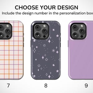 May include: Three phone cases with different designs. The first case has a grid pattern in orange, pink, and white. The second case is dark blue with white stars. The third case is solid lavender. Text at the top says "CHOOSE YOUR DESIGN".