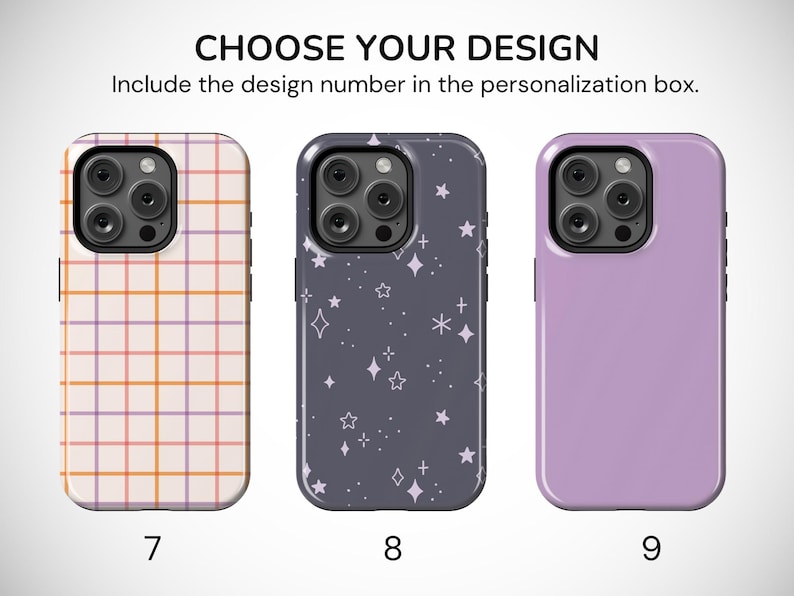 May include: Three phone cases with different designs. The first case has a grid pattern in orange, pink, and white. The second case is dark blue with white stars. The third case is solid lavender. Text at the top says "CHOOSE YOUR DESIGN".