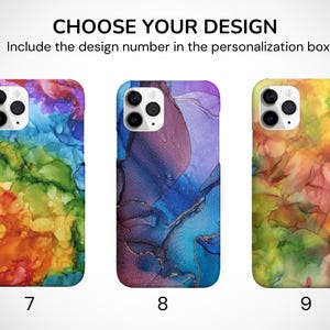 May include: Three different phone case designs featuring abstract watercolor patterns in shades of blue, purple, green, yellow, and orange. The designs are numbered 7, 8, and 9.