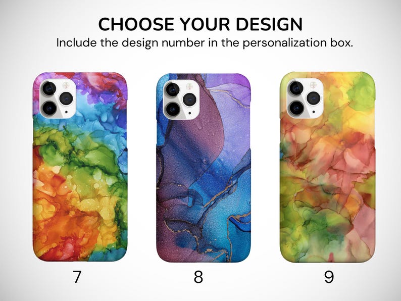 May include: Three different phone case designs featuring abstract watercolor patterns in shades of blue, purple, green, yellow, and orange. The designs are numbered 7, 8, and 9.