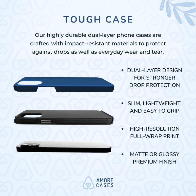 Puede incluir: Una funda de tel&eacute;fono resistente con un dise&ntilde;o de doble capa para una mayor protecci&oacute;n contra ca&iacute;das. La funda es delgada, ligera y f&aacute;cil de agarrar. Cuenta con una impresi&oacute;n de envoltura completa de alta resoluci&oacute;n y un acabado mate o brillante.