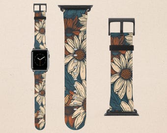 Aesthetic Floral Apple Watch Band Women Apple Watch Band Series 9 Floral Watch Band Faux Leather Watch Strap iWatch Band 38mm 40mm 42mm 44mm