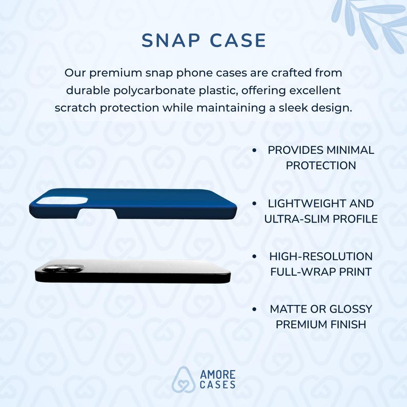 Puede incluir: Dos fundas para tel&eacute;fono, una azul y otra negra, se muestran sobre un fondo blanco con un patr&oacute;n de corazones. El texto "SNAP CASE" est&aacute; en la parte superior de la imagen. El texto debajo de las fundas describe las caracter&iacute;sticas de las fundas: "PROVIDES MINIMAL PROTECTION", "LIGHTWEIGHT AND ULTRA-SLIM PROFILE", "HIGH-RESOLUTION FULL-WRAP PRINT", y "MATTE OR GLOSSY PREMIUM FINISH". El logotipo de Amore Cases est&aacute; en la parte inferior de la imagen.
