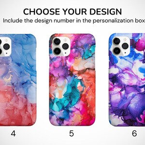 May include: Three different phone case designs with abstract watercolor patterns. The first design is a blend of pink, blue, and gold. The second design is a mix of pink, blue, teal, and orange. The third design is a combination of purple, pink, and blue.