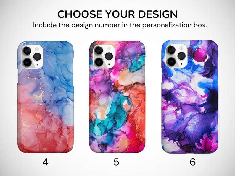 May include: Three different phone case designs with abstract watercolor patterns. The first design is a blend of pink, blue, and gold. The second design is a mix of pink, blue, teal, and orange. The third design is a combination of purple, pink, and blue.