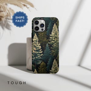 May include: A black phone case with a forest scene design. The case features a repeating pattern of green, brown, and white trees on a dark background.