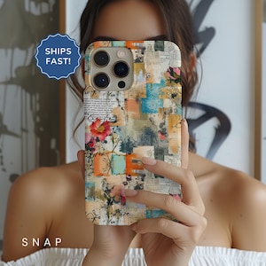 May include: A colorful phone case with a collage of abstract patterns, floral designs, and text. The case has a textured surface and a cutout for the camera lens.