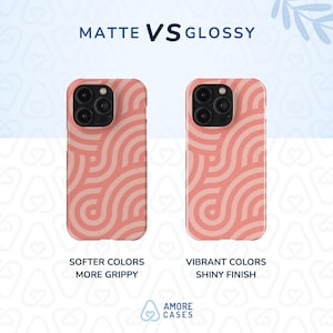 May include: Two phone cases with a pink and white geometric pattern. The case on the left is matte and has softer colours. The case on the right is glossy and has vibrant colours. The text "MATTE VS GLOSSY" is at the top of the image. The text "SOFTER COLOURS MORE GRIPPY" is below the left case. The text "VIBRANT COLOURS SHINY FINISH" is below the right case. The text "AMORE CASES" is at the bottom of the image.