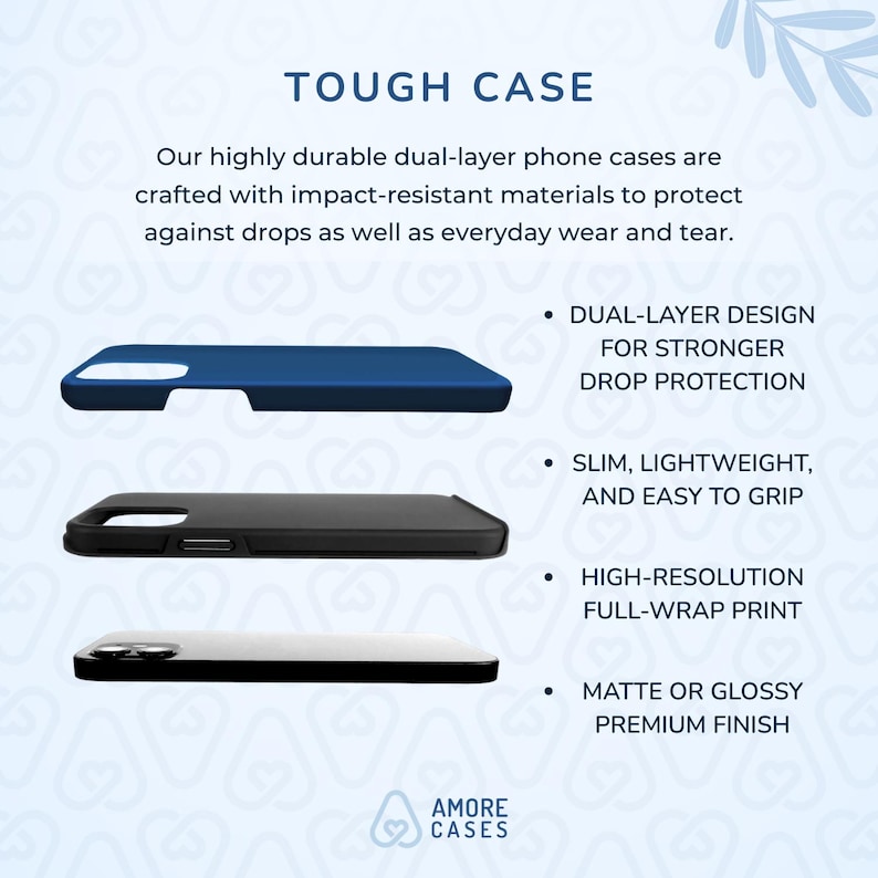 May include: A tough phone case with a dual-layer design for drop protection. The case is slim, lightweight, and easy to grip. It features a high-resolution full-wrap print and a matte or glossy premium finish.